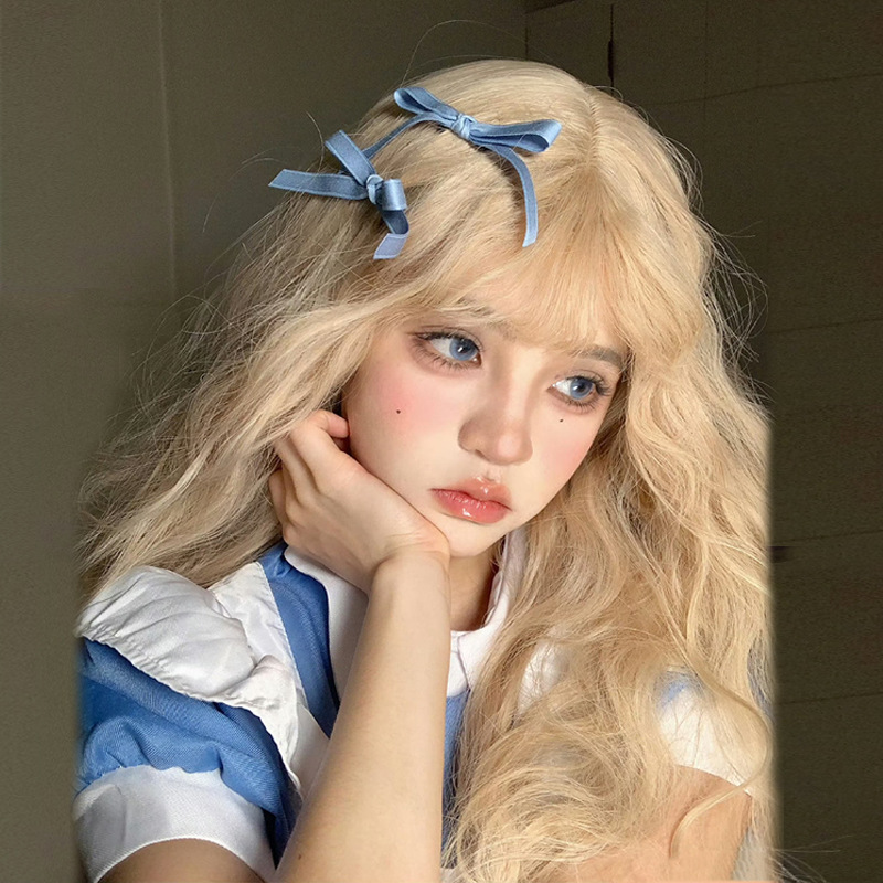 Cheng Ming wig female white golden wool curly long curly natural simulation hair egg roll bangs lolita full head cover