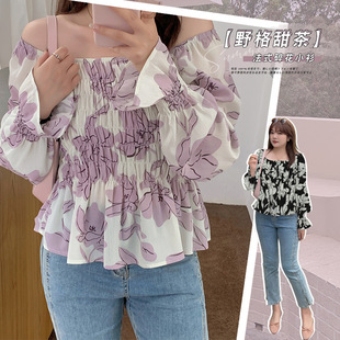 Y848 Xuanchen Slightly Fat Large Size Korean Style Small Fresh Thousand-Layer Elastic Floral Chiffon Shirt Spring and Summer Fat mm Sexy Top