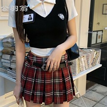 辣妹套装供学院短裙女马甲两件百褶高校两件假风上衣夏季美式格子