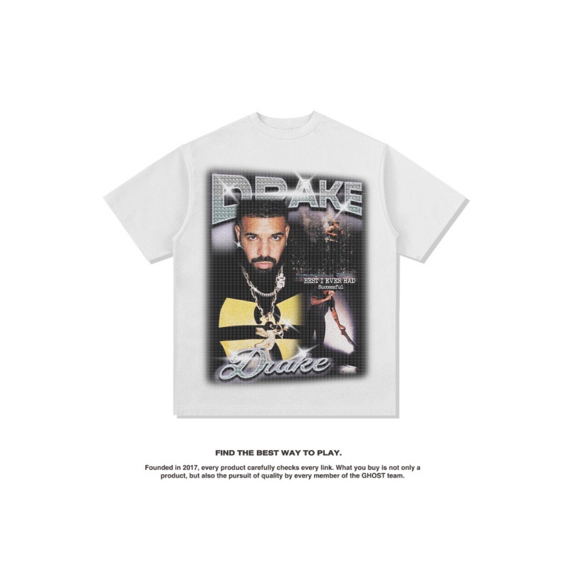 Drake hip hop rap americano street fashion estampado vintage hecho viejo lavado pesado suelto mangas cortas