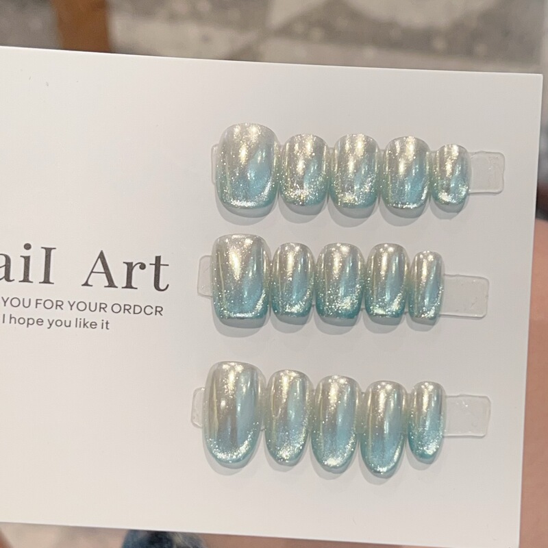 [Broken Ice Blue] Blue Cat Eye Brilliant Galaxy Magic Mirror Powder Handmade Wearable Nail J507 Model with Box Tool Kit