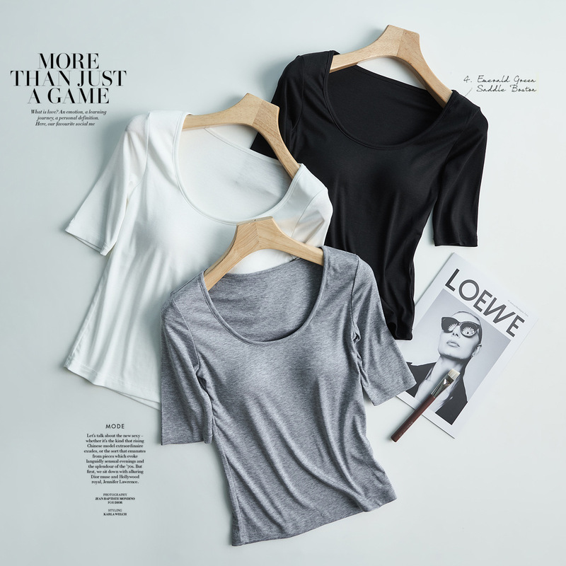 Lyocell T-Shirt with Chest Pads, Versatile Slim-Fit U-Neck Mid-Sleeve T-Shirt for Women, Spring and Summer, Multi-Color American-Style Five-Quarter Sleeve Top Lyocell T-Shirt with Chest Pads, Versatile Slim-Fit U-Neck Mid-Sleeve T-Shirt for Women, Spring and Summer, Multi-Color American-Style Five-Quarter Sleeve Top