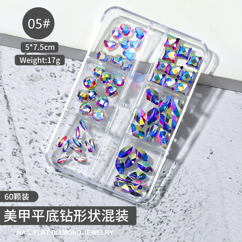 Cross-border Especial 6-grid Caja Mixta joyería de uñas transparente cuadrado plano espejo de diamante en forma especial Aurora uñas Rhinestone