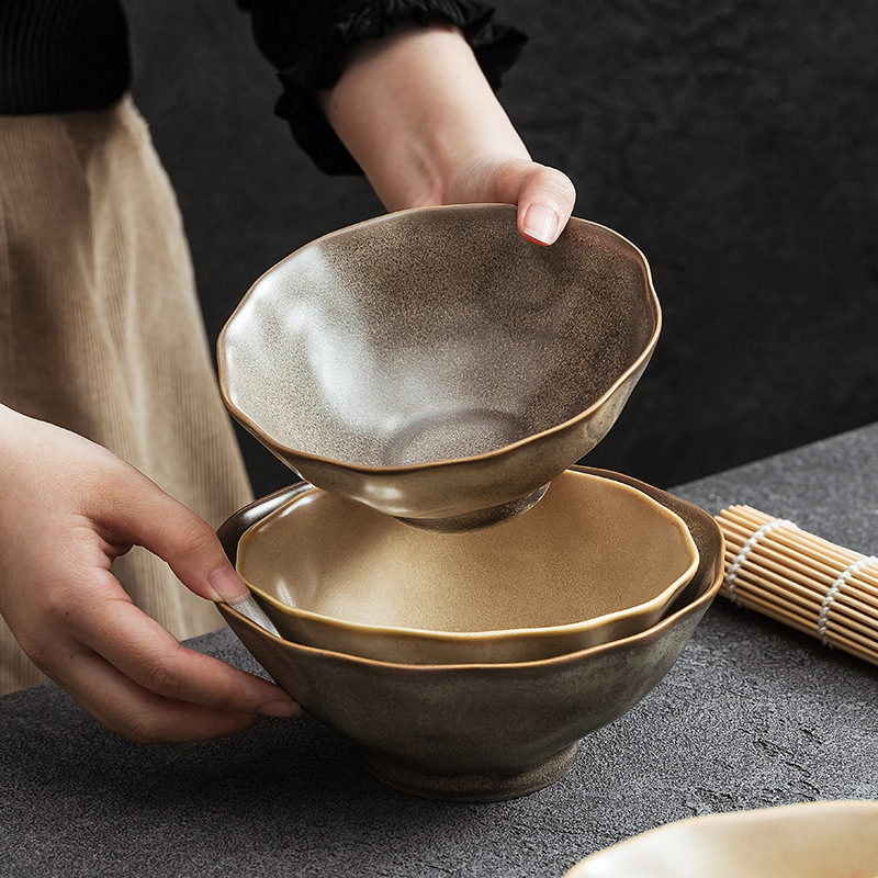 Japanese-Style Coarse Pottery Ramen Bowl Set Wholesale Conical Bowl Ceramic Curved Soup Bowl Retro Household Rice Bowl Noodle Bowl Tableware