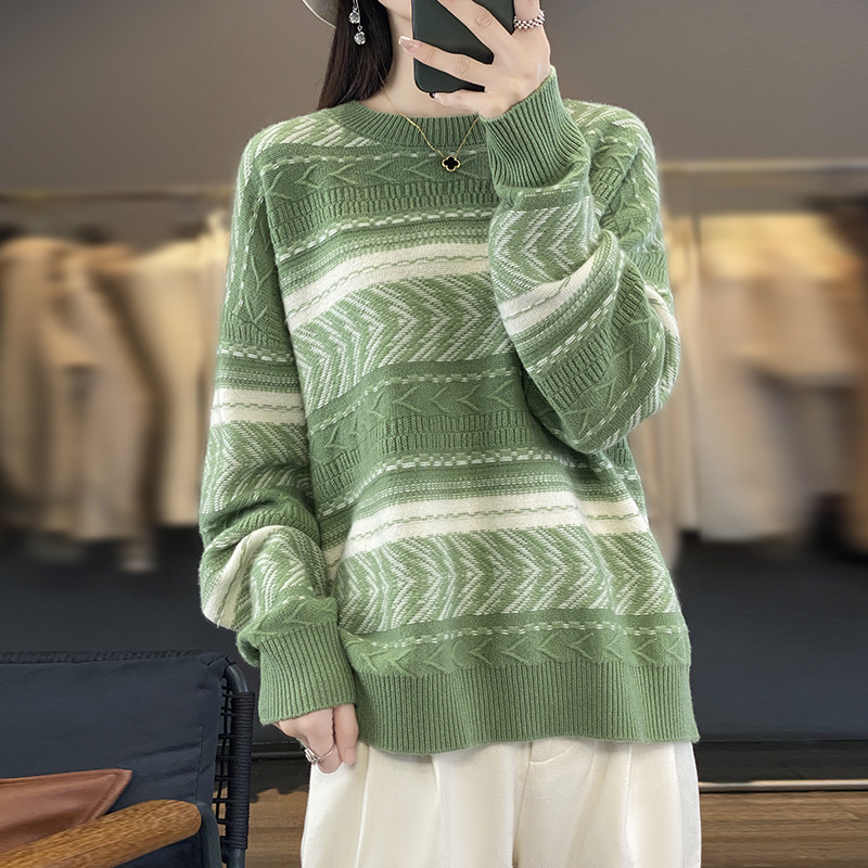 2025 New Autumn and Winter Pure Wool Round Neck Knitwear Long-Sleeved Women's Korean Style Color-Blocked Stripesd Pullover Bottoming Shirt