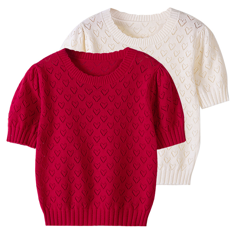 Coreano amor hueco niños camisetas de punto de algodón verano delgada camiseta de manga corta camiseta de niñas al por mayor transfronterizo