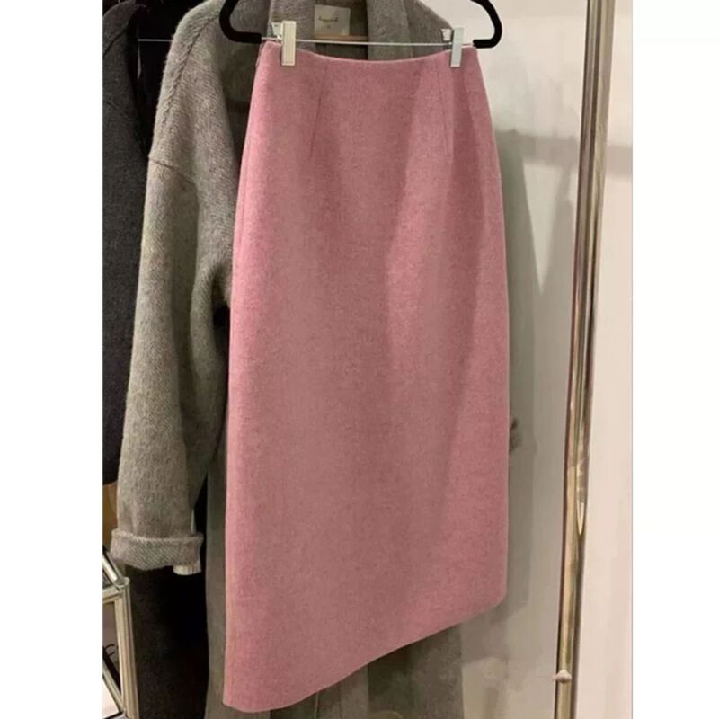 New Autumn and Winter Pink High-Waisted Woolen Skirt for Women, Straight-Cut, Slit, Mid-Length, Hip-Hugging, Slimming, and Elegant Skirt