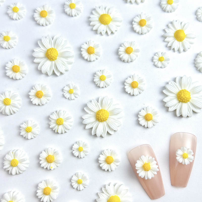 Relieve de primavera pequeña margarita pegatinas de uñas tamaño de óleo tridimensional flor blanca decoración de uñas al por mayor