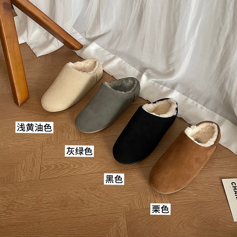 Henan Sanpo snow boots with integrated leather and fur, internal height increase, slip-on lazy mules, closed-toe, versatile casual cotton slippers