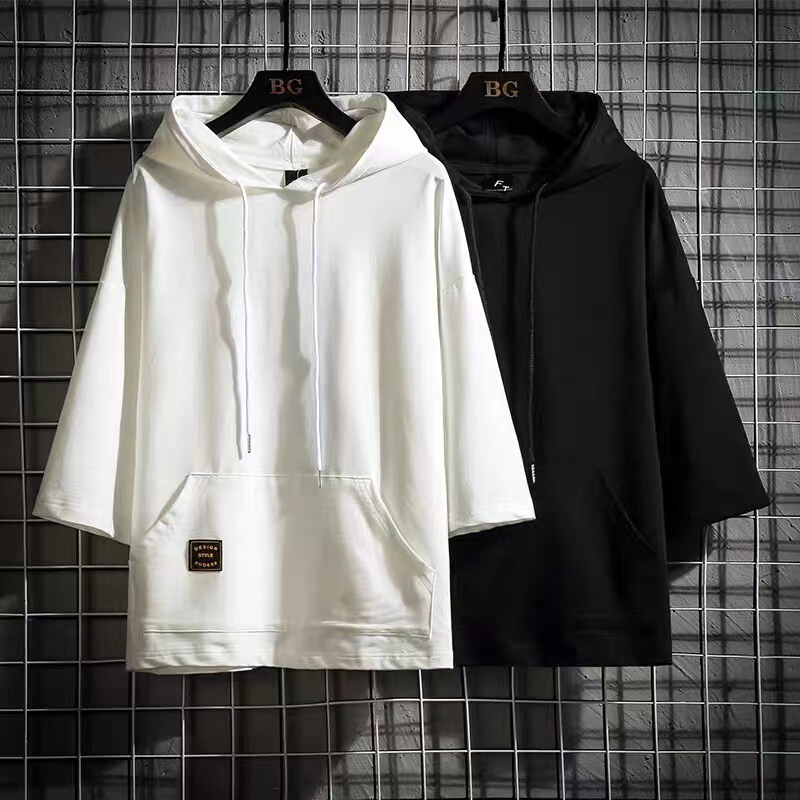 Japanese Style T-Shirt for Boys 2025 Summer Three-Quarter Sleeve Hoodie Loose Plus Fat Plus Size Three-Quarter Sleeve Mid-Sleeve Sweatshirt