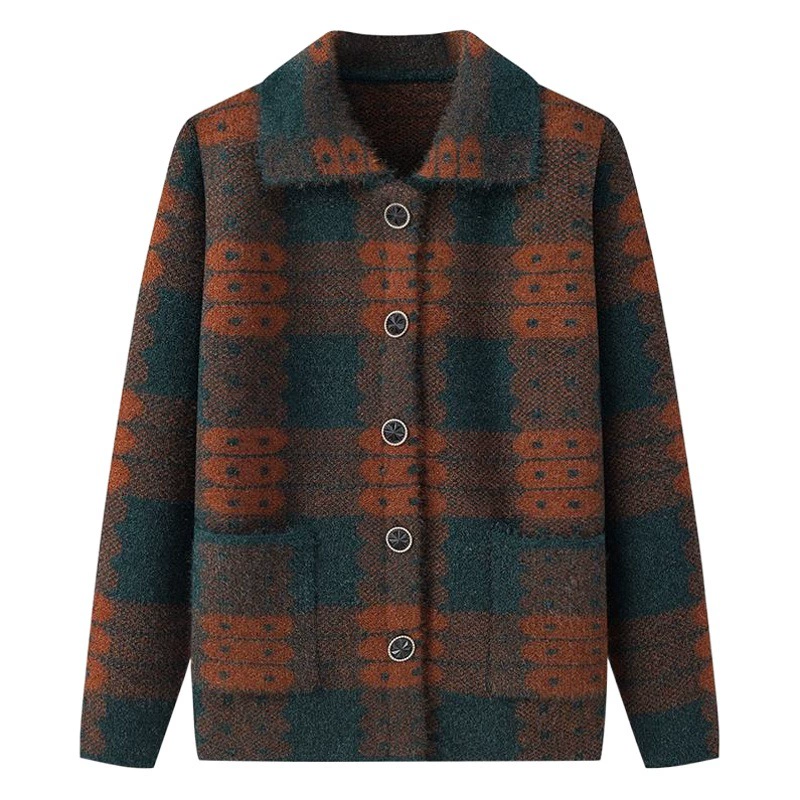 Зимний свитер для бабушки Кардиган с лацканами Весна и осень Женская одежда среднего и пожилого возраста Вязаное пальто для мам Одежда для пожилых людей