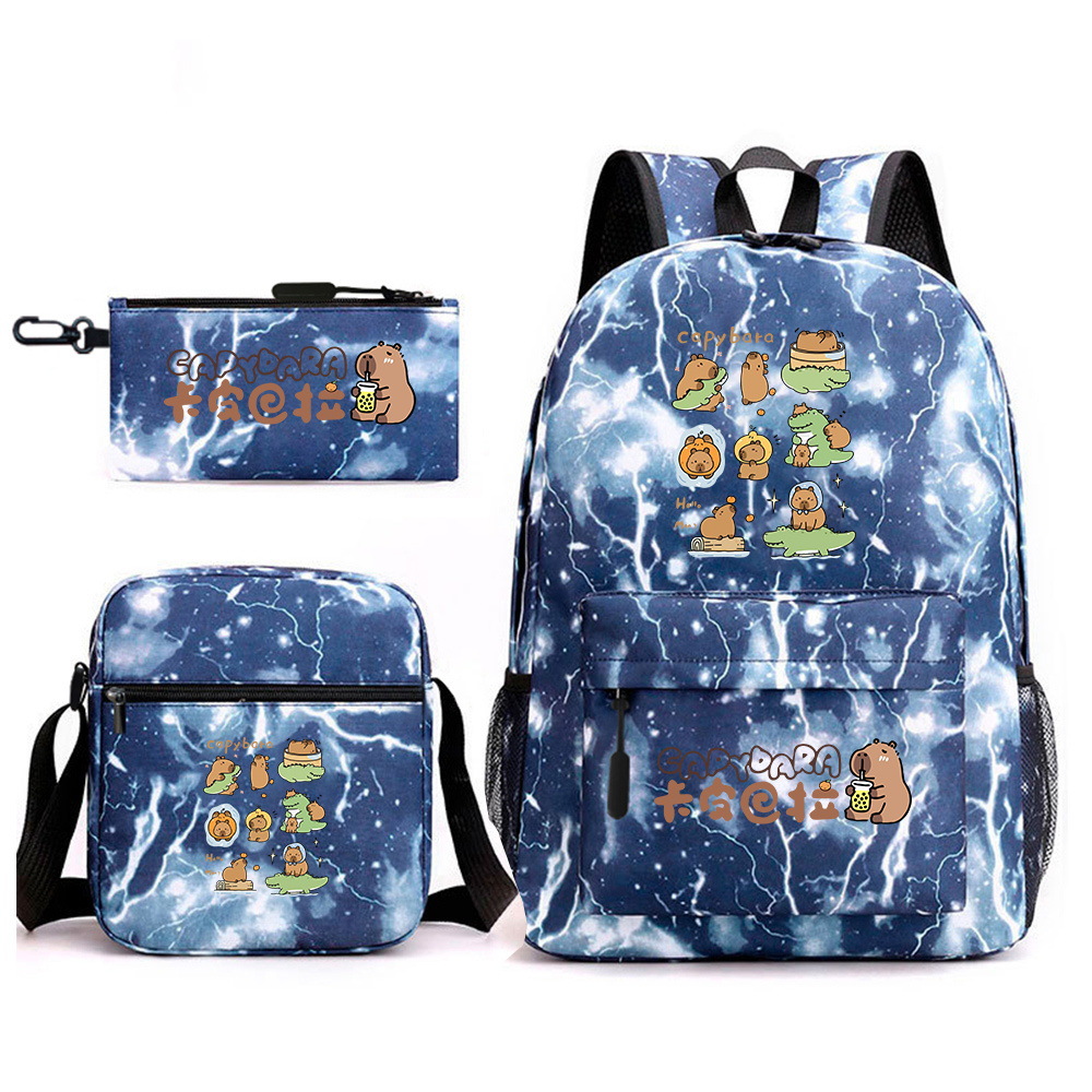 跨境卡皮巴拉卡通图案可爱双肩背包学生书包时尚休闲三件套文具