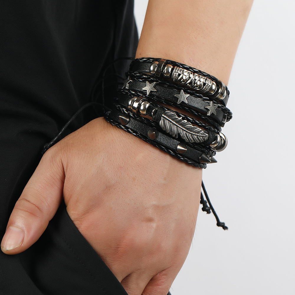 European and American punk style sharp nail beaded leather bracelet 12-piece set