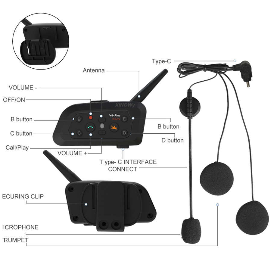 Xinowyv6Plus Motorcycle Helmet Bluetooth Headset for 2 People with Simultaneous Intercom Full-Duplex Helmet Intercom Headset