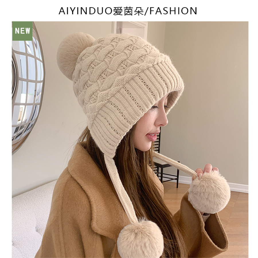 慵懒风加厚双层护耳防寒三毛球兔毛帽子女韩国冬季加绒护脸针织帽