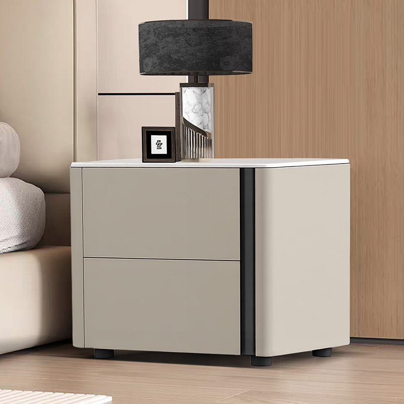 Italian Minimalist Solid Wood Bedside Table Home Bedroom Bedside Storage Cabinet Design High-End Double Drawer Slate Side Cabinet