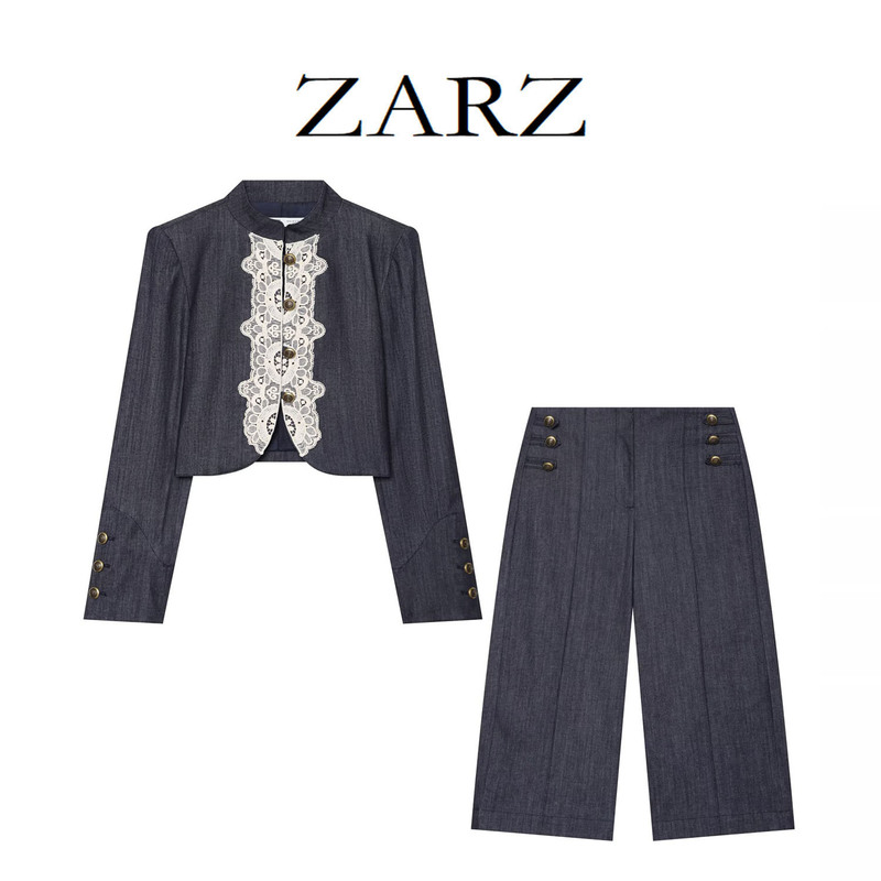 ZARZ self-designed European and American style new women's clothing lace patchwork short jacket with button decoration and long casual shorts ZARZ self-designed European and American style new women's clothing lace patchwork short jacket with button decoration and long casual shorts