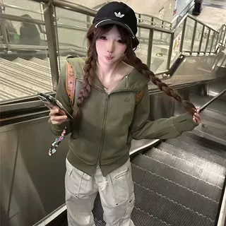 韩系穿搭拼接修身拉链连帽卫衣女秋季新款基础百搭休闲开衫外套潮