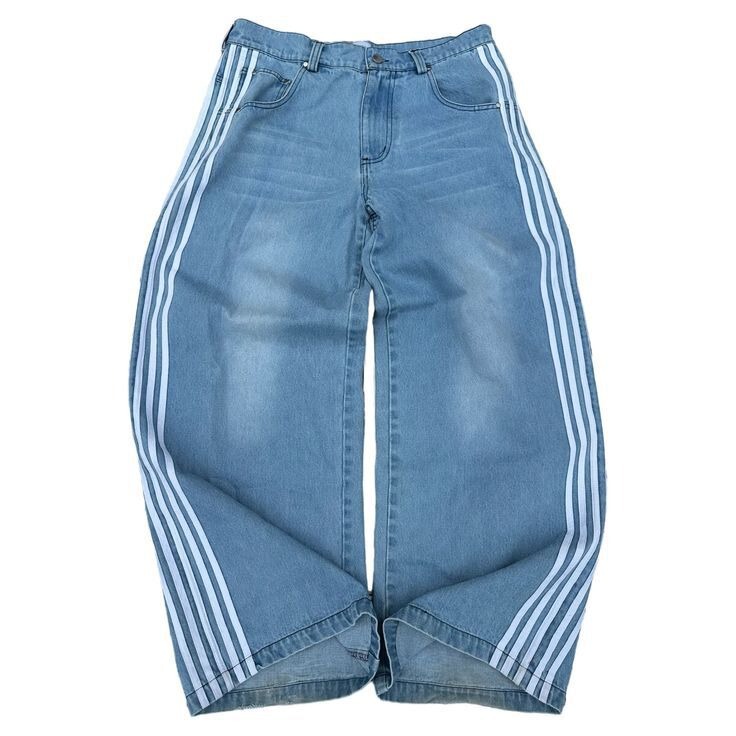 Hcw American Retro Stripesd Splicing Embroidered Jeans Y2K Street Casual Loose Straight Wide Leg Floor-Length Pants Hcw American Retro Stripesd Splicing Embroidered Jeans Y2K Street Casual Loose Straight Wide Leg Floor-Length Pants