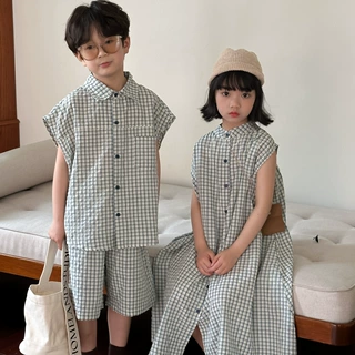 童套装2026夏男女童韩版短袖短裤两件套儿童宽松格子连衣裙兄妹装