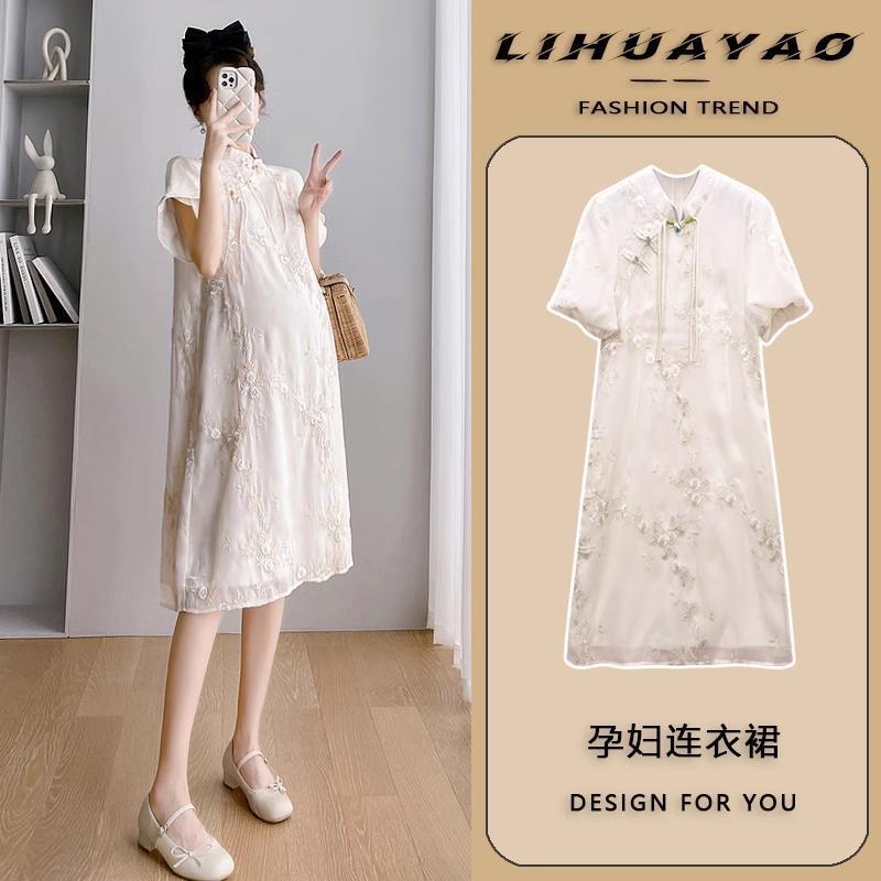 Pregnant Women's Dress Summer Short-sleeved Thin Apricot National Style Embroidery for Small Fashionable Hot Mom 2023 New Cheongsam Dress