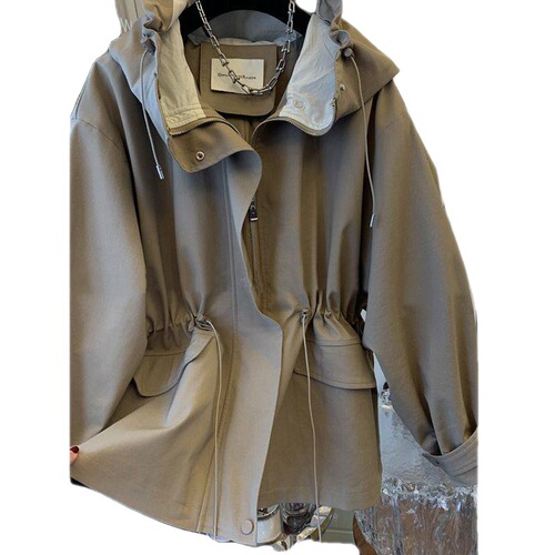 Women's Autumn Workwear Trench Coat: Meadville Style Drawstring Top, Short Fit, Defined Waistline, Baseball-Style Jacket