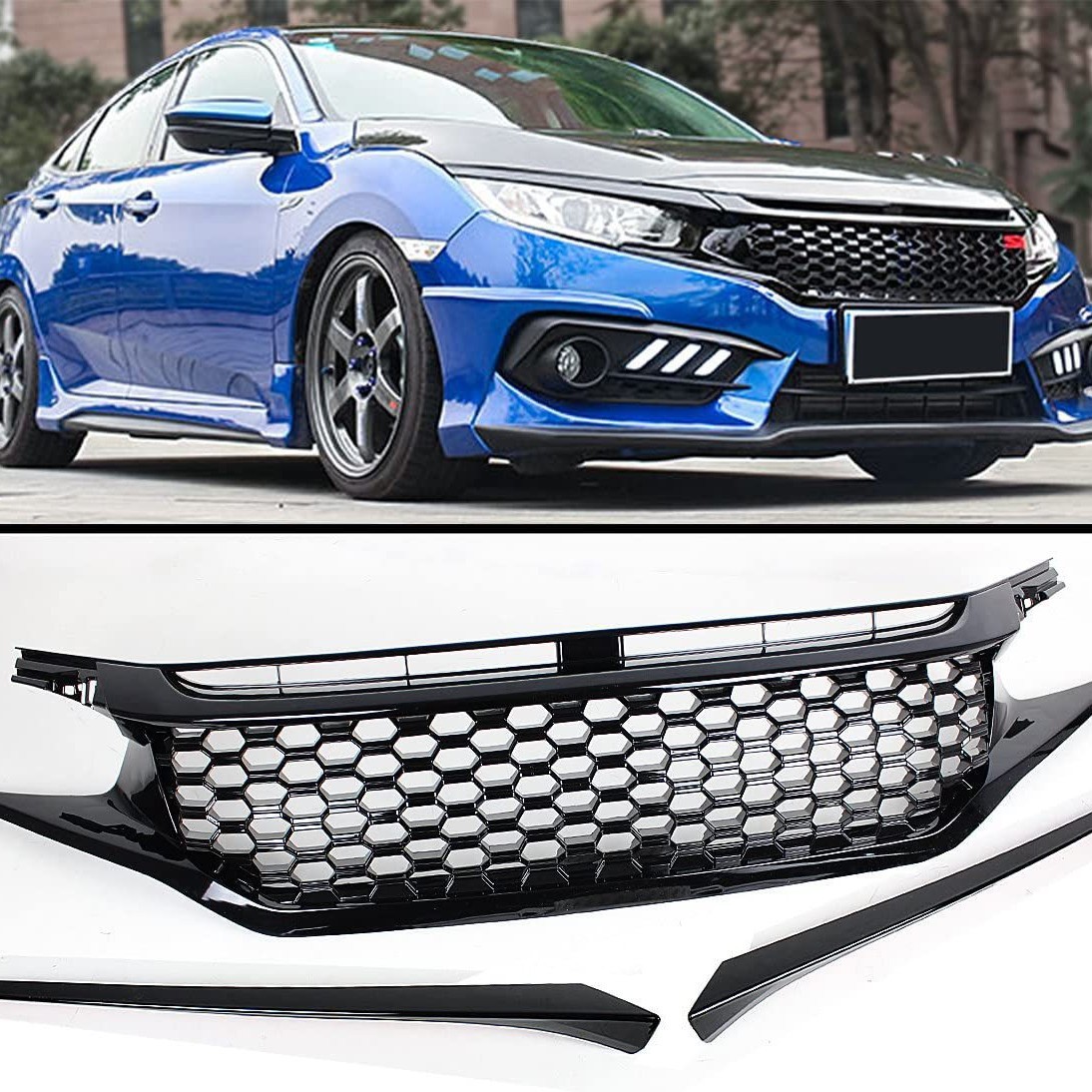 Aplicable a Honda 16 - 18 modelo 10 / 10 Civic modificado red de laca de panal de abeja GeShan piano negro cara delantera