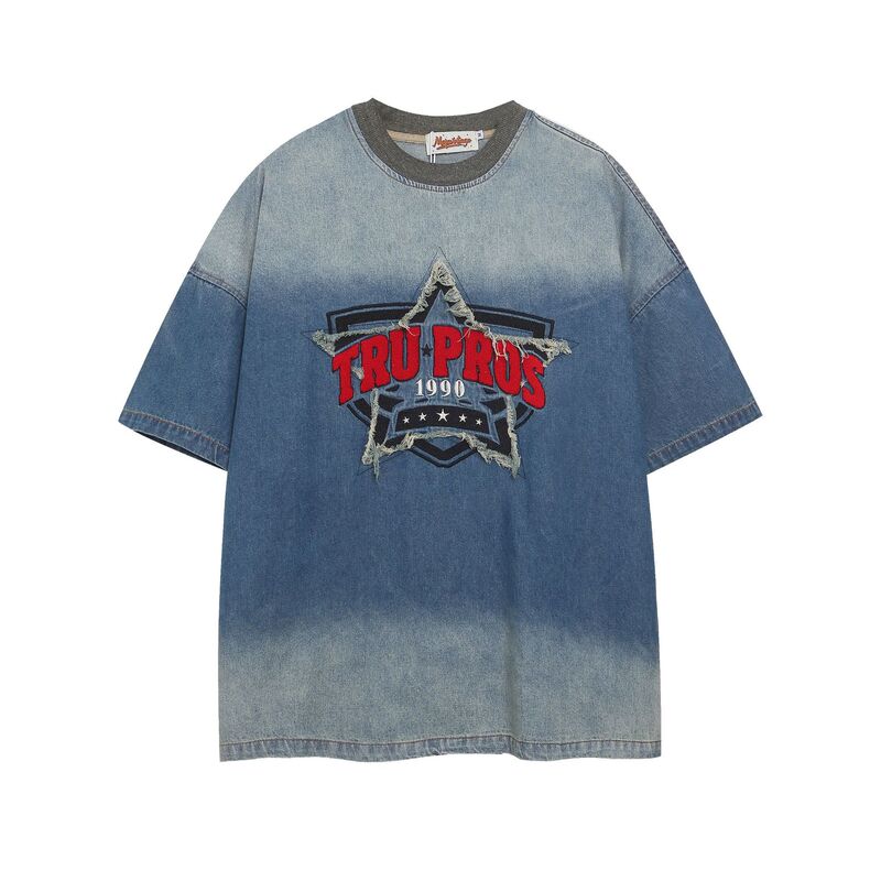 American Retro Washed Gradient Denim Short-Sleeve T-Shirt for Men, Niche Trendy Brand with Star Letter Patch Embroidery Top