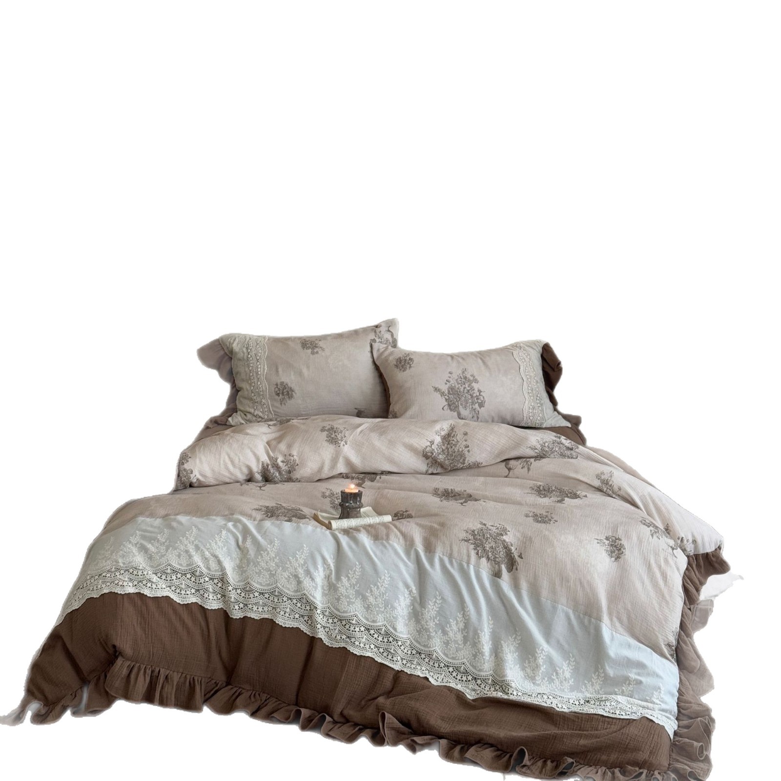 Conjunto de quatro peças em algodão puro, estilo vintage boho francês nórdico, com camada dupla, composto por capa de edredom, lençol, acabamento em renda e textura amassada._voghion.com
