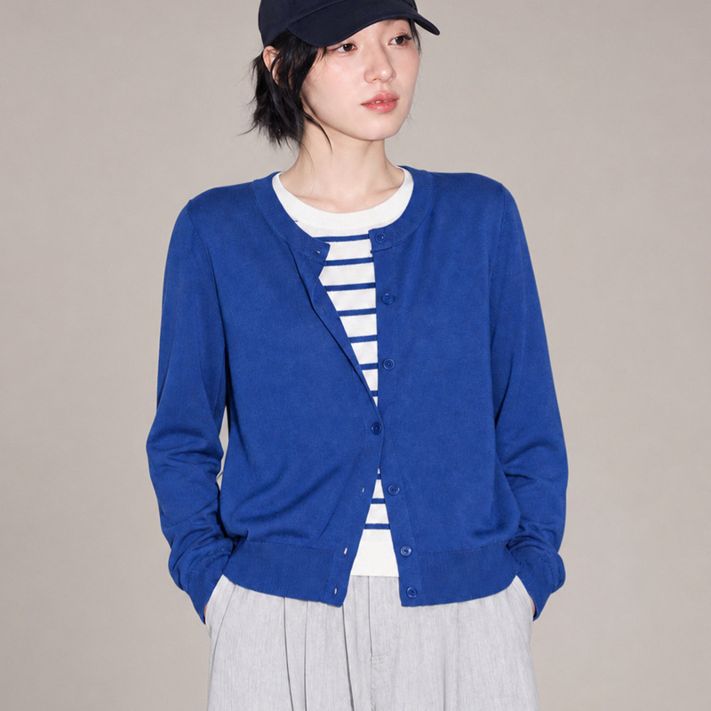 Striped Brief Description: Sophisticated Commuting Washable Wool Round Neck Faux Two-Piece Long Sleeve Cardigan, Color-Block Striped Knit Sweater