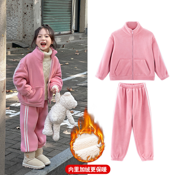 Traje deportivo para niñas más ropa de invierno para niños de terciopelo 2024 nuevo traje de béisbol grueso chaqueta pantalones casual de dos piezas