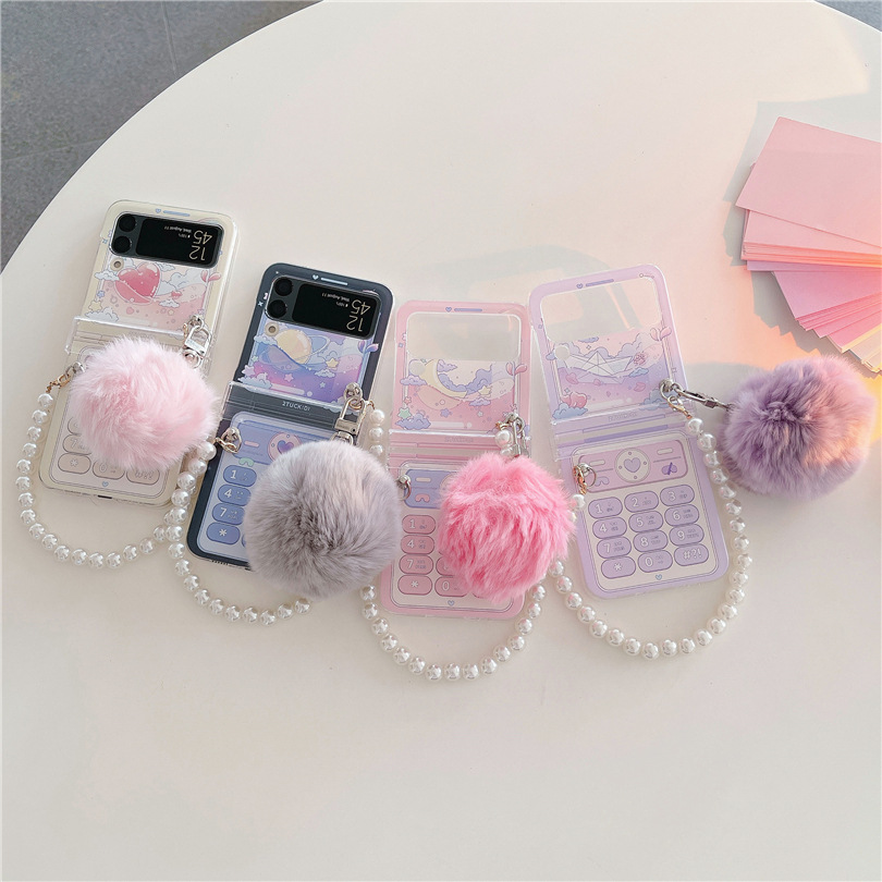 少女风电话三星z手机壳FLIP5折叠屏filp6保护套4毛球适用Galaxy硬