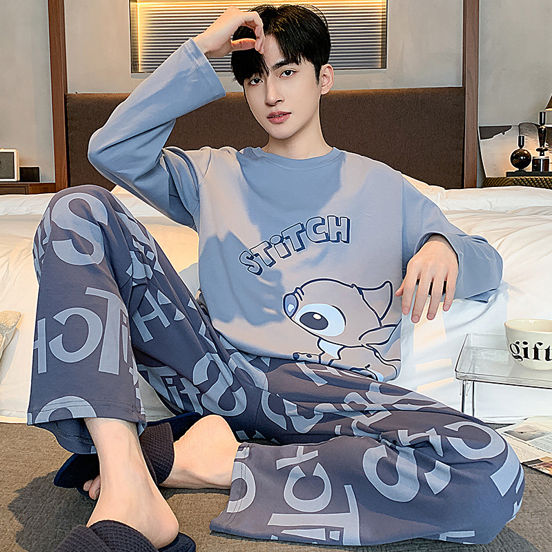 2024 nuevo pijama masculino primavera y otoño dibujos animados coreanos ropa casera de cuello redondo suelta grande se puede usar fuera