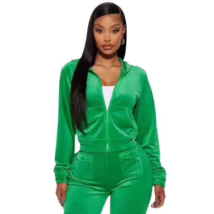 Women's Clothing fashion casual velvet trousers suit hooded two piece suit _voghion.com