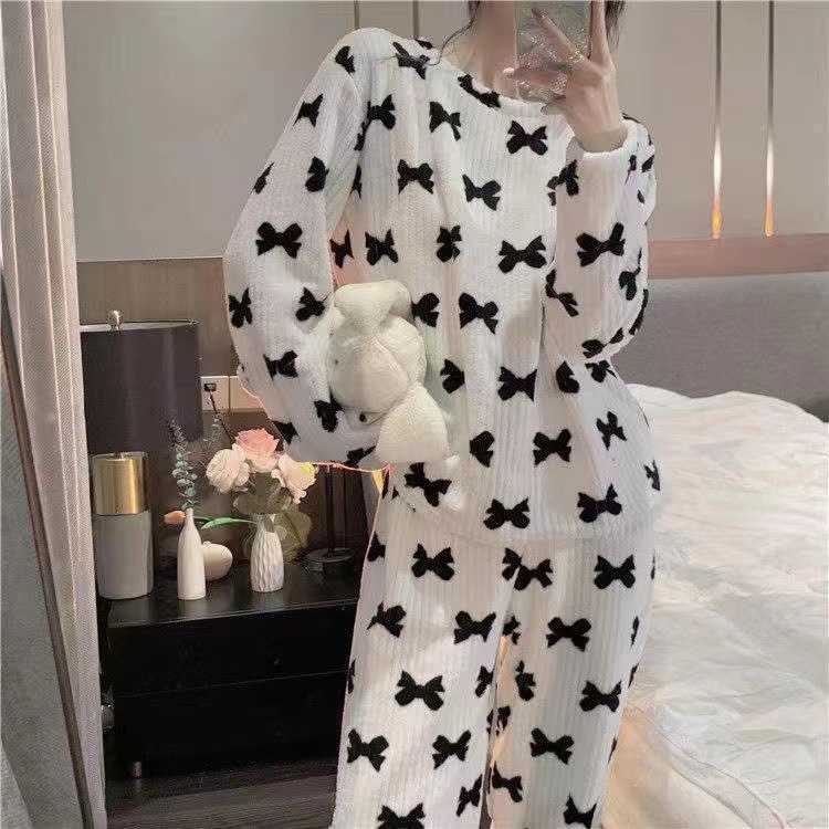 Women's Gender Autumn And Winter New Bow Print Warm Suit Fleece-lined Thick Casual Lazy Homewear Pajamas Loose And Warm