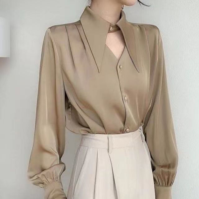 Milk Tea Apricot Elegant V-neck High-grade Silk Satin Chic Shirt Women's Design Niche OL Dipped Hong Kong Style Top Milk Tea Apricot Elegant V-neck High-grade Silk Satin Chic Shirt Women's Design Niche OL Dipped Hong Kong Style Top