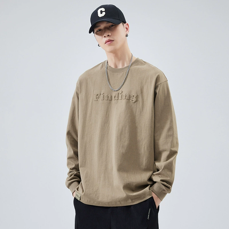 Американская хлопковая футболка мужского пола с длинными рукавами осенью новый белый с круглым вырезом стальная печать свободная толстовка большого размера толстовка