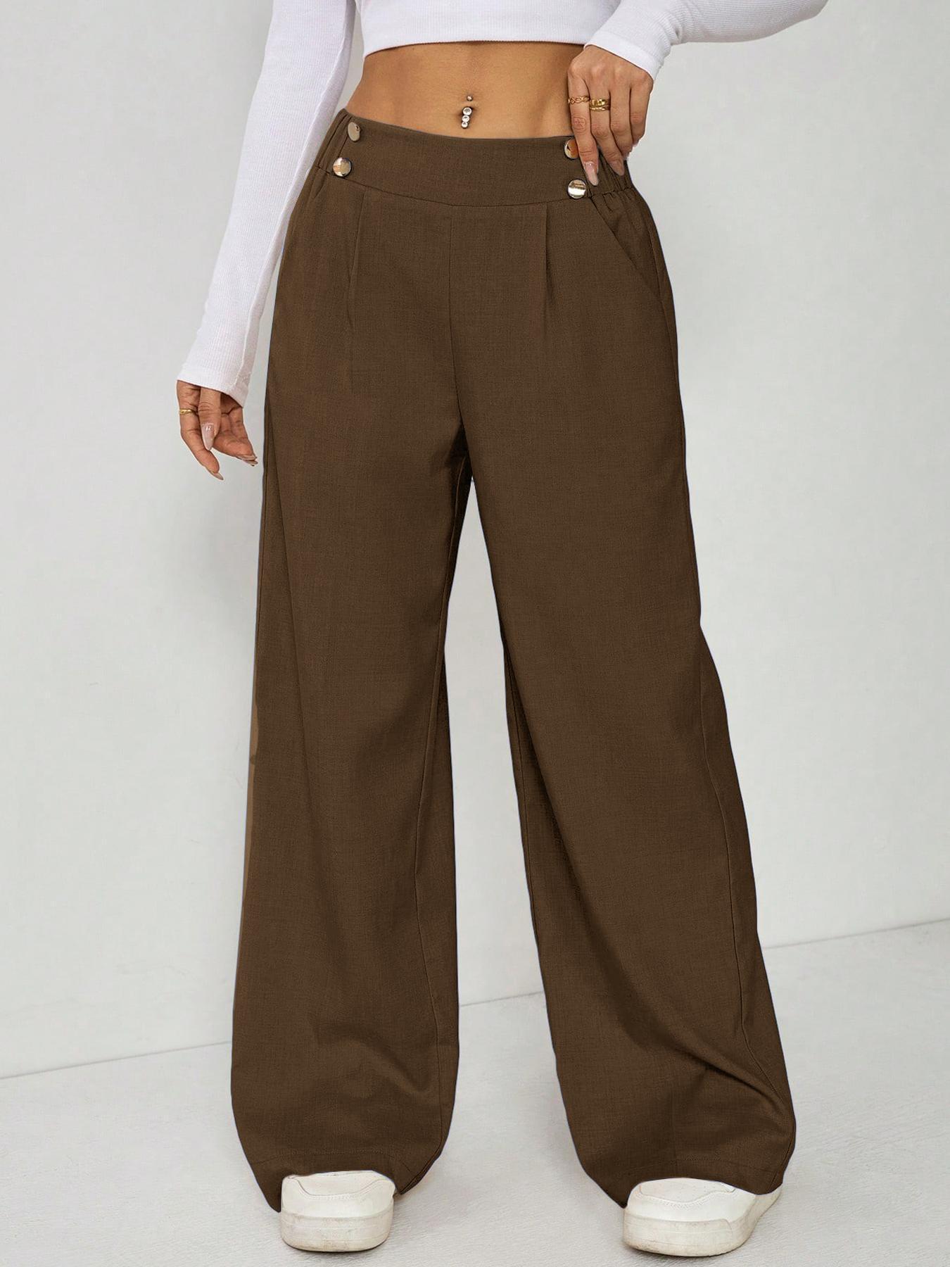 Women's Wide Leg Straight Leg Trousers Casual Fashion European American Style Button Decoration Commuting Pants_ecoleips.com