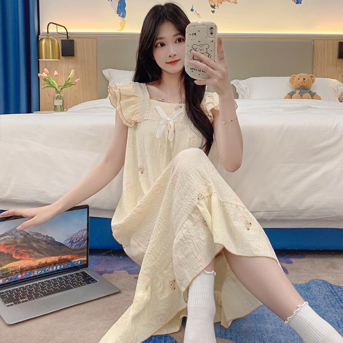 2024 verano vestido de pajama de mujer vestido largo suelto arco dulce dormitorio del campus se puede usar vestido de pijama rojo