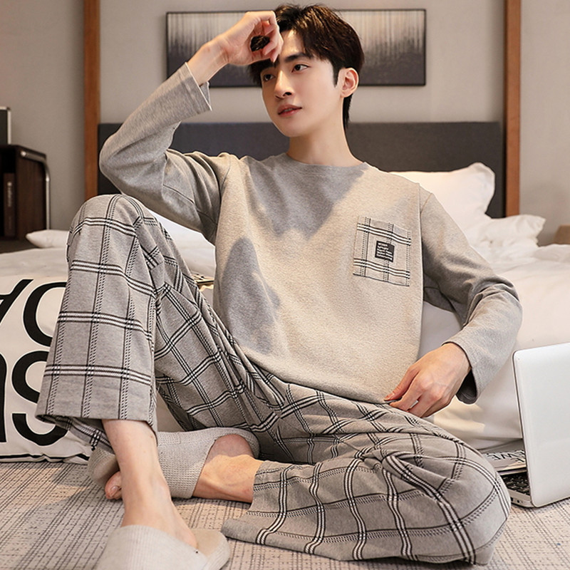 Wholesale Men's Pajamas Long-Sleeved Pure Cotton Spring and Autumn Thin Autumn and Winter Large Size Cartoon Teenagers Student Home Clothes