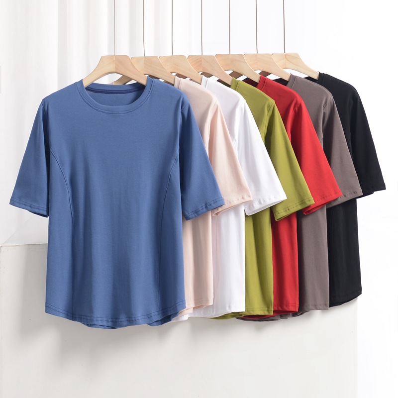 Large Size Chubby Women's Half Sleeve T-shirt Women's 2024 New Loose Simple Inner Thread Cotton Round Neck Base Top