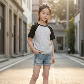 女童T恤素色不规则棉质宝宝夏季拼色短袖女孩修身上衣休闲潮流T