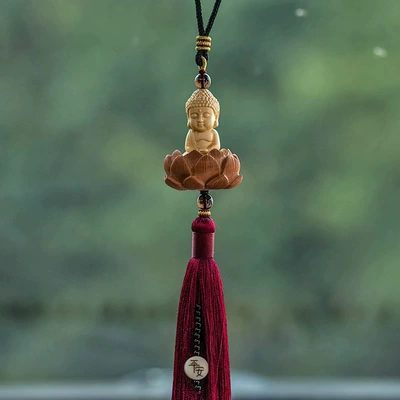 Boxwood Buddha blessing life Car pendant car pendant lotus safety symbol Car Rearview mirror pendant (Car hanging) - small-buddha-style-elegant-red