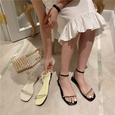 Sandals summer 2021 new pattern Korean Edition one word Buckle Popular Square Toe Rhinestone fairy Flat shoes