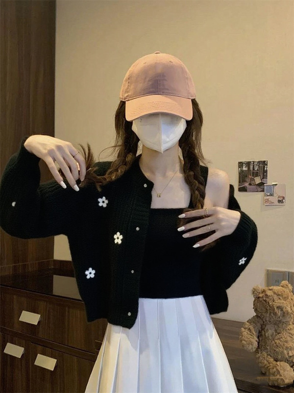 花朵刺绣针织开衫毛衣吊带两件套女2025秋冬新款显瘦外套甜辣上衣|undefined