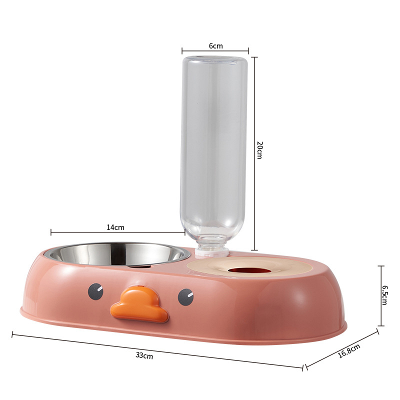 Mascota dos en uno de acero inoxidable doble tazón alimentador automático de agua a prueba de humedad boca de dibujos animados pato Pet Bowl perro vajilla al por mayor