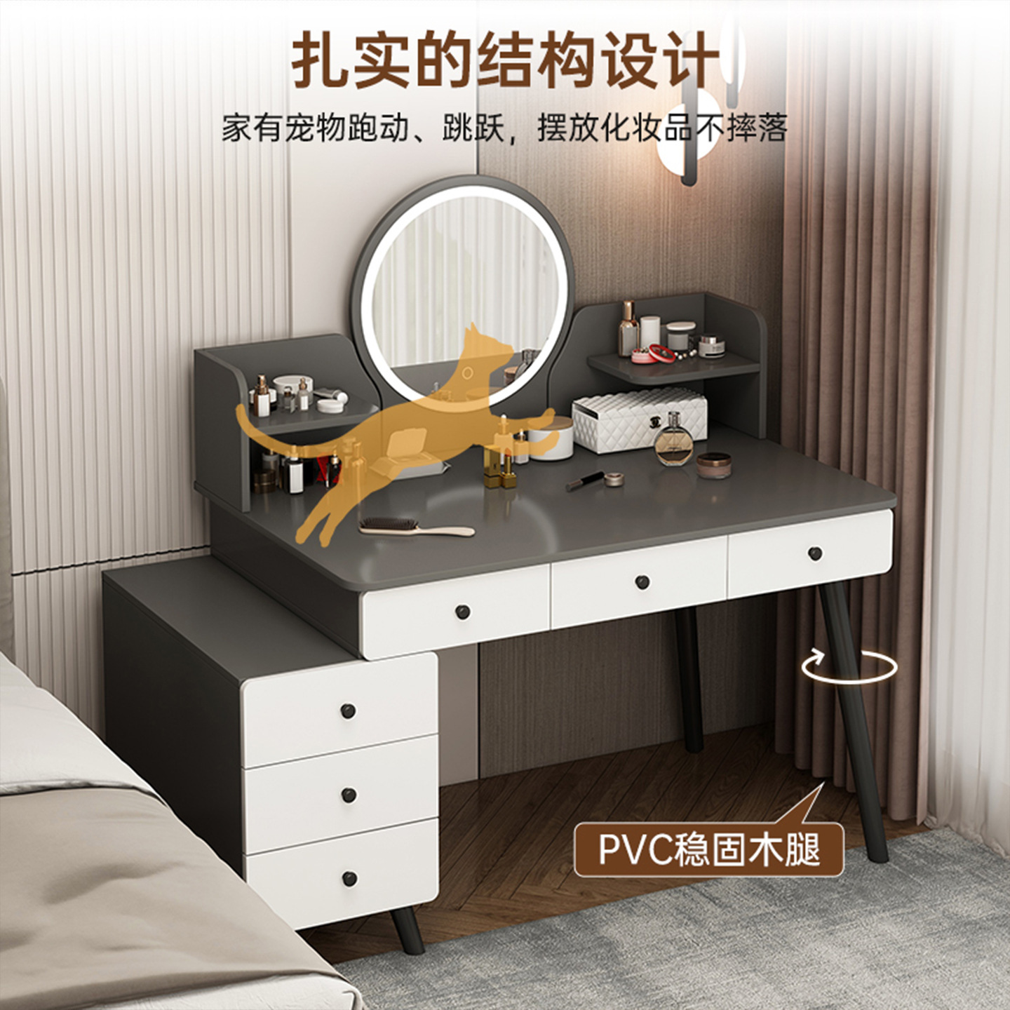 2025 nuevo dormitorio simple moderna mesa de maquillaje de madera maciza de lujo ligera alta sensación de cabecera de cama armario en uno