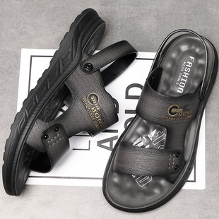 Men's leather sandals summer genuine leather soft bottom non-slip beach shoes new casual gray Microfiber leather outdoor sandals