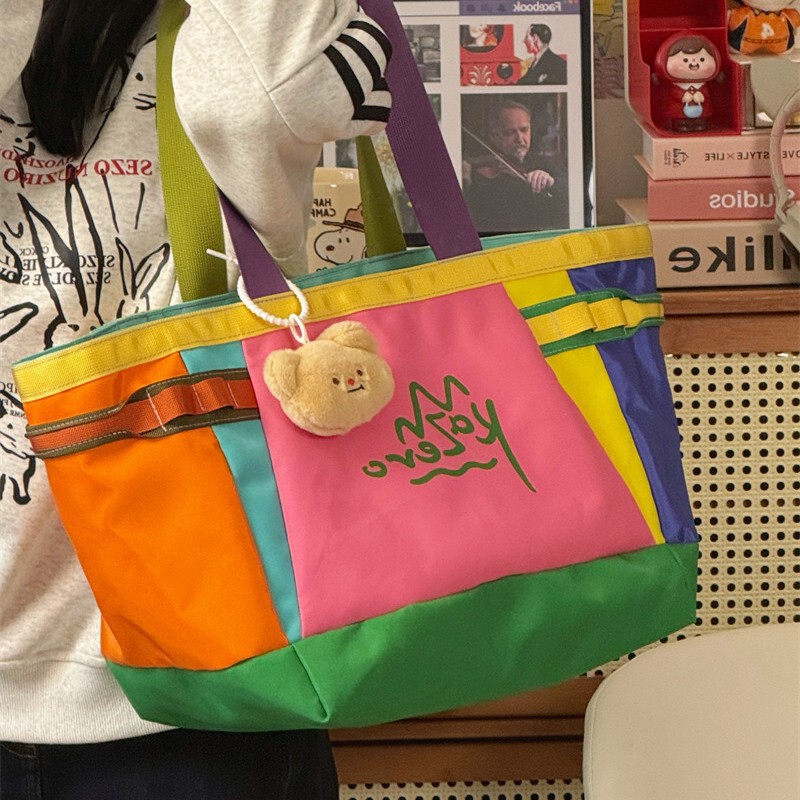 Japanese-Style Color-Blocked Single-Shoulder Bag for Women, Large Capacity, Colorful Crossbody Tote Bag, Contrasting Color Nylon Trendy Handbag, Crossbody