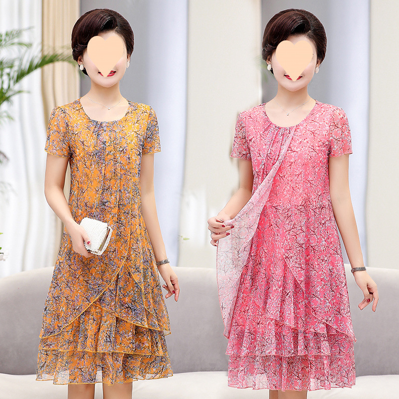 Middle-aged and elderly women's summer clothes mother's dress short-sleeved chiffon mesh mid-length summer middle-aged people 40 years old 50